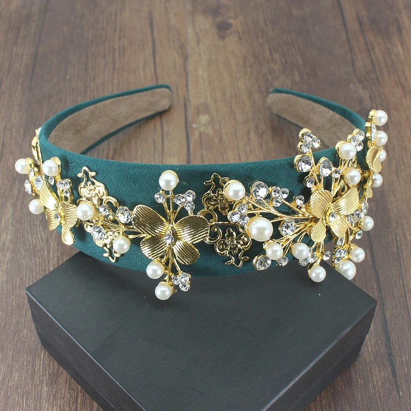Baroque exquisite luxury velvet gold butterfly crystal pearl personality rhinestone headband dance travel hair accessories - Окраска металла: green butterfly
