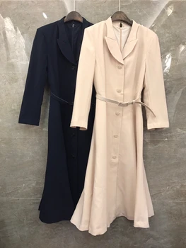

2020 Early Autumn New Women's Lapel Waist Buckle Belt Waist Hugging Decorative Solid Color Fishtail Long-Sleeved Dress 903