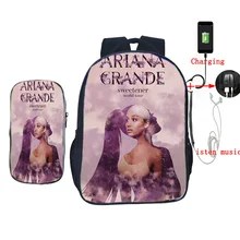 Рюкзак Ariana Grande с USB зарядкой, 2 шт./компл., школьная сумка, сумка-карандаш для подростков, мальчиков и девочек, студентов, ноутбука, путешествий, Mochila