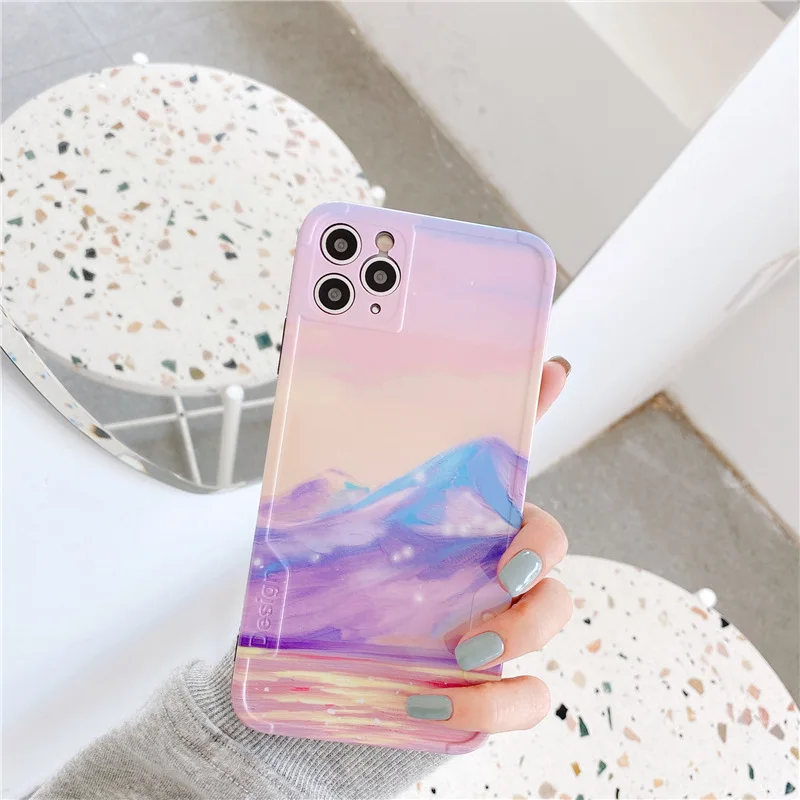 

Korean fashion cute Phone Case For iPhone 11 Pro Max Xr Xs Max X 7 8 7 Plus case silicone cover Retro wonderland Snow mountain