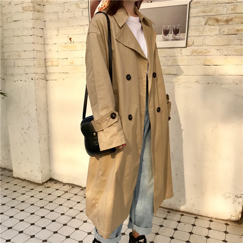 

Black Long Windbreaker Women Loose Trench Coat Femme Open Stitch Thin Autumn Fall 2019 Overcoat Khaki Cotton Casual Clothes 0198