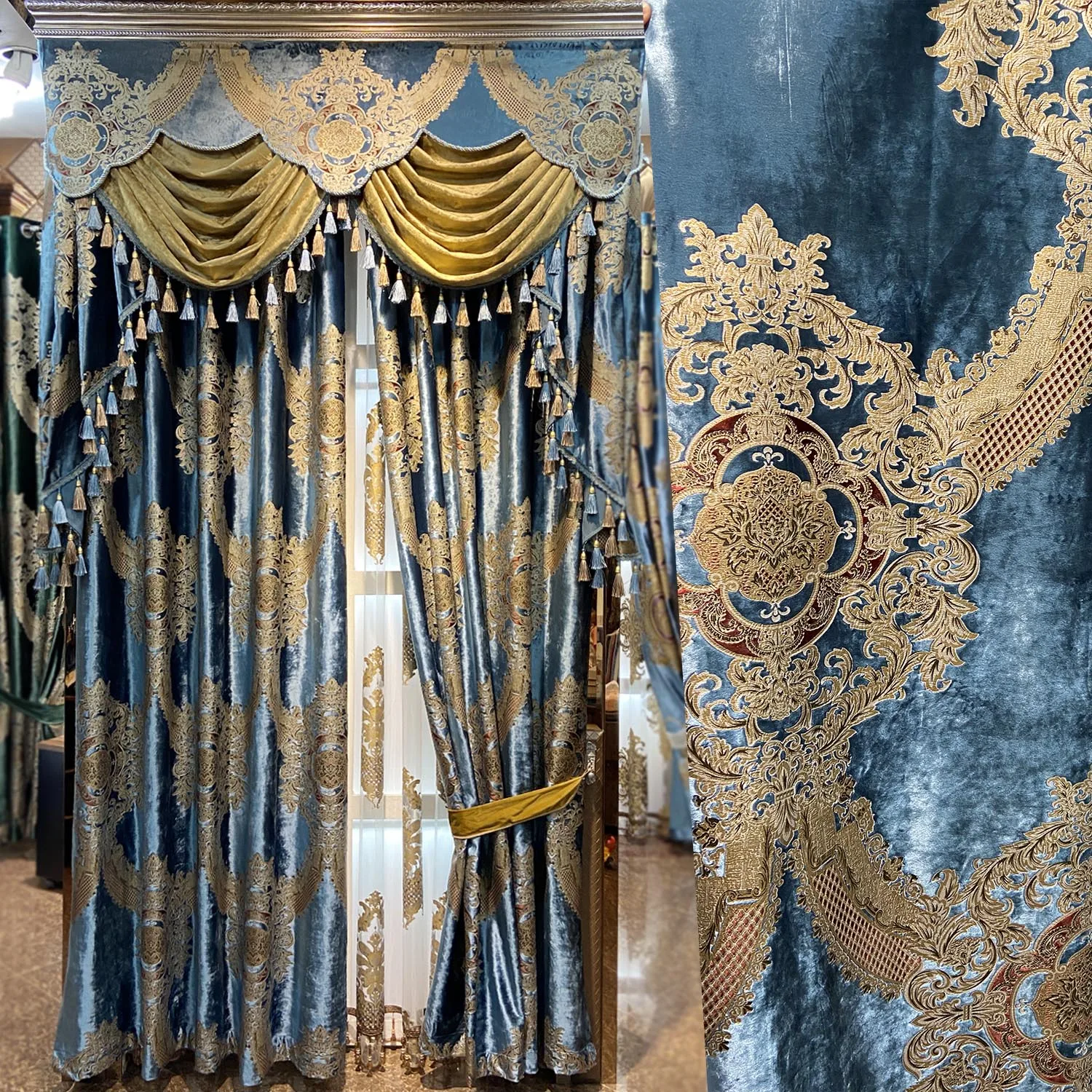 

European Blue Royal Luxury Curtains for Bedroom coffee Window Curtains for Living Room Elegant Drapes European Curtains M116-40