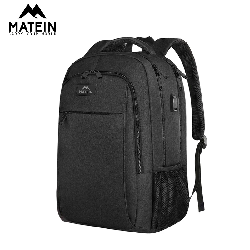 Matein, рюкзак, сумки для мужчин, 17 дюймов, рюкзак для ноутбука, сумки, роскошные сумки для студентов, USB mochila feminina, мужской рюкзак через плечо - Цвет: Black