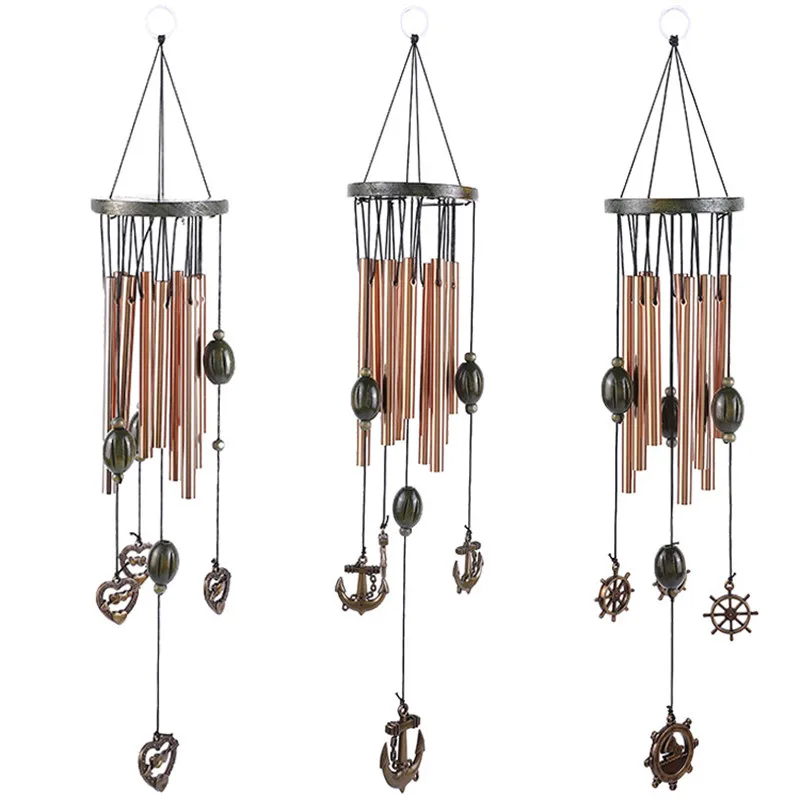 

1PC Wood Solid Wind Chime Retro Metal 9 Tube Wind Chime Ornaments Creative Home Crafts Rudder Anchor Love Pendant Room Decor