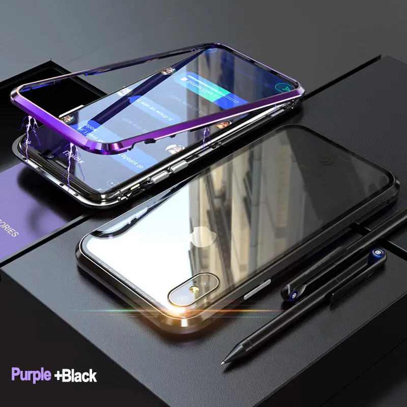 Адсорбция Магнитный металлический чехол для iPhone XR XS X XS Max 6 6s 7 8 Plus двустороннее стекло закаленное Полное защитное заднее покрытие