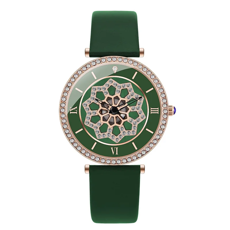 

New Green Leather Belt Rotation Women Watches Fashion Flower Ladies Watch Women Casual Quartz Wristwatch zegarki damskie 2019
