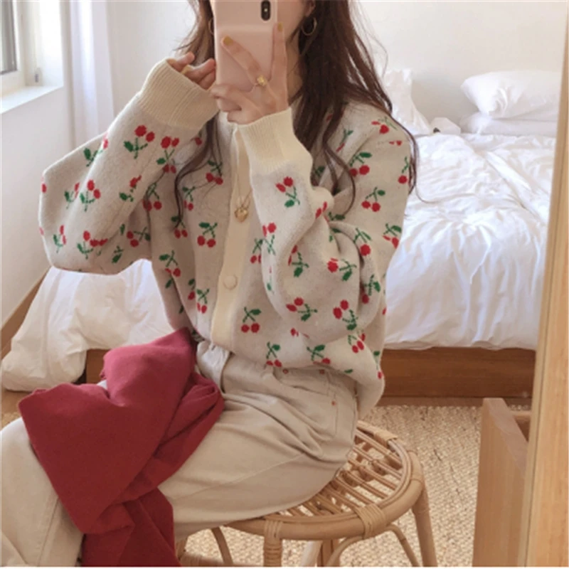 

RUGOD 2020 New Arrival cherry print women pullover O-neck long Sleeve Female sweaters Fashion Chic Women's Outfit