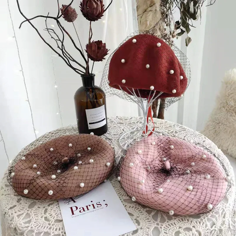 Chic Wool Blend Vintage London Beret With Veil Mesh Show Double Layer Women Beret Beanies Cap For Ladys Banquet