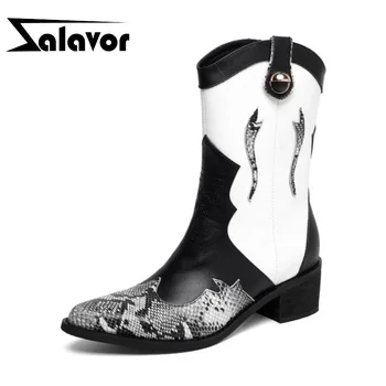 

ZALAVOR Women Half Short Boots Genuine Leather Mixed Color Casual Flats Shoes Women Winter Western Cowgirl Footwear Size 34-39