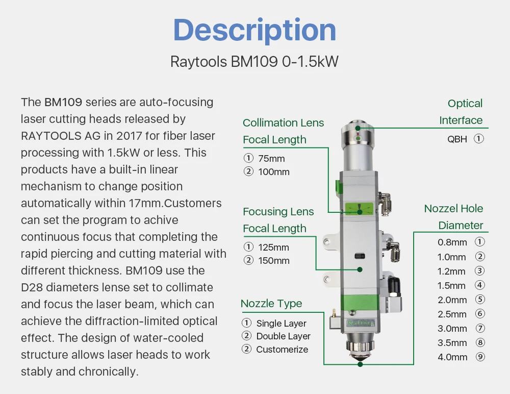 Raytools BM109 0-1.5kW автоматическая фокусировка волоконная Лазерная режущая головка для резки металла