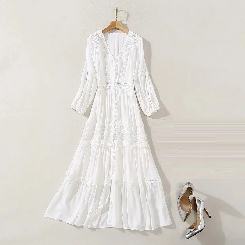 New Korean Fashion Style Dress 2020 Autumn Women V-Neck Hollow Out Lace Embroidery Long Sleeve A-Line White Red Party Chic Dress