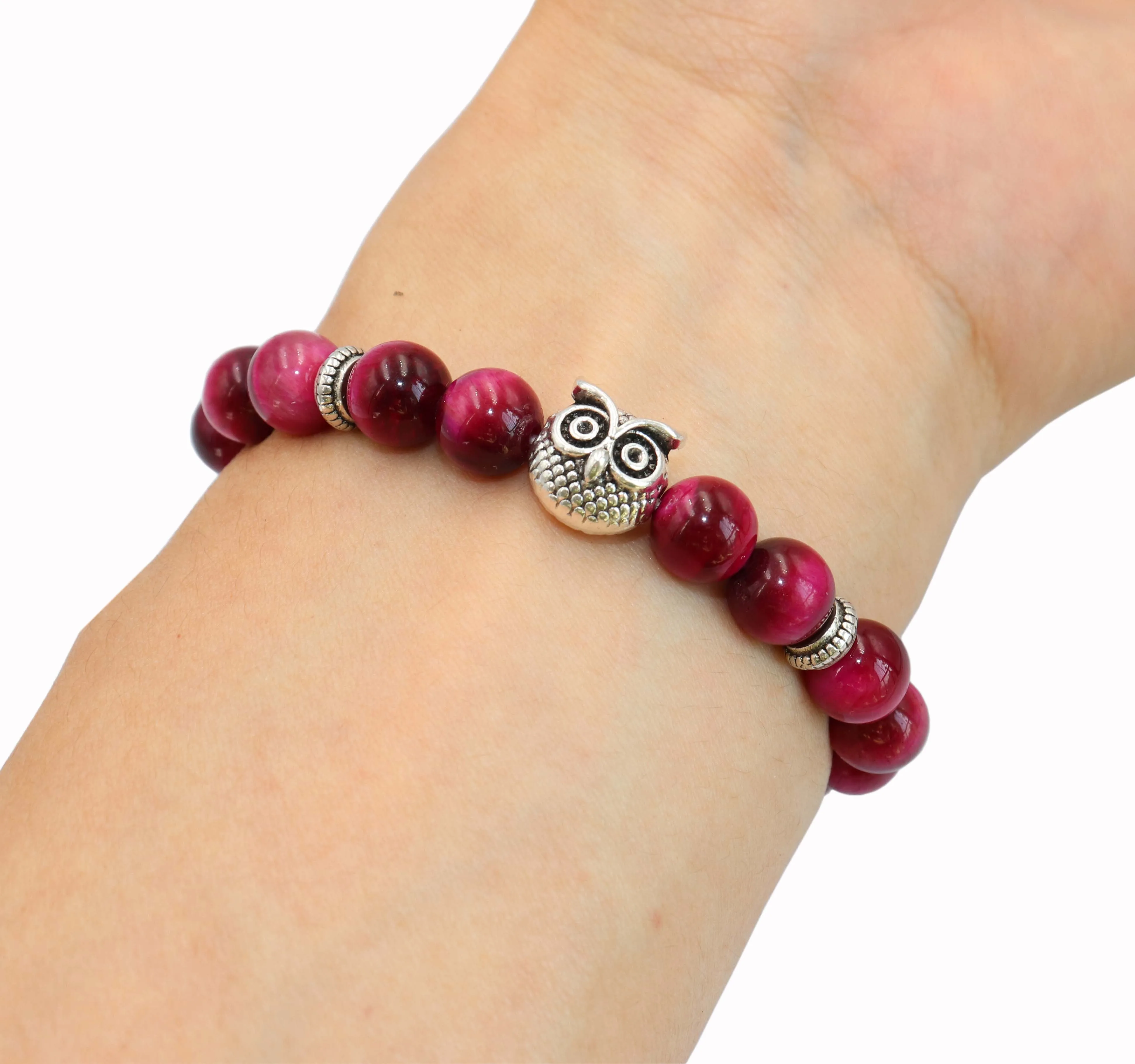 Rose red Tiger eye Природный камень 8 мм Серебряный браслет Сова Агаты тигровый глаз и лавовый камень Бусины Йога чакра браслет ювелирные изделия для мужчин женщин друг подарок - Окраска металла: Rose red Tiger eye