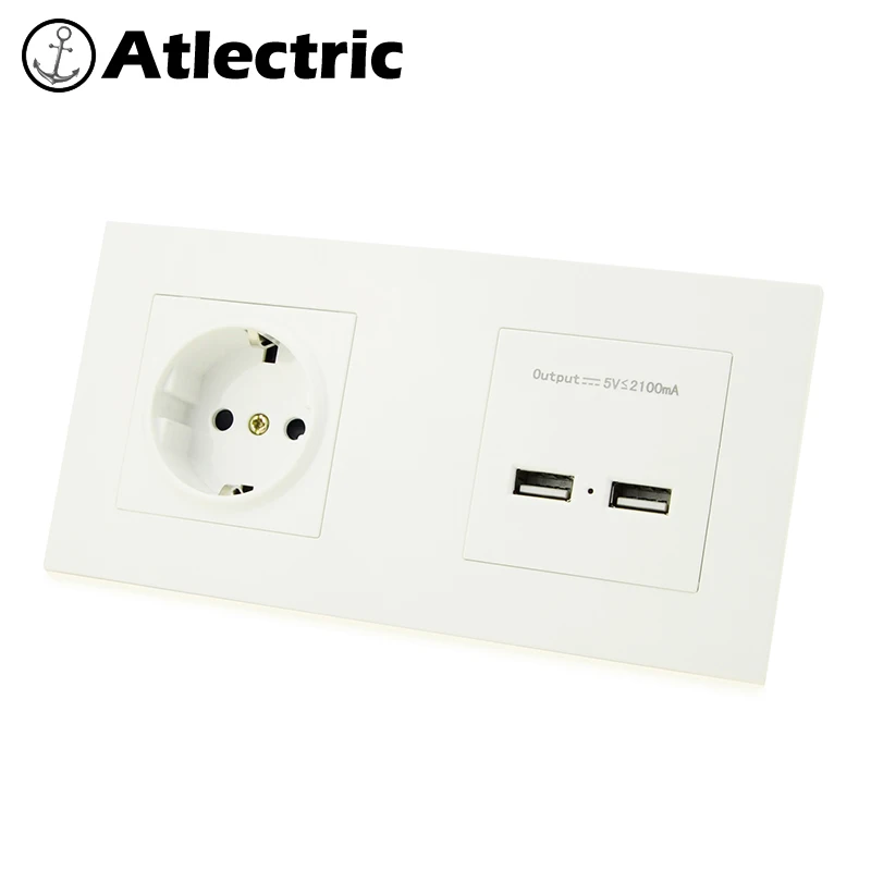 

Atlectric Dual USB Charging Port EU Standard Plug Double Socket Power Wall Socket Plastic Panel Electrical Outlet