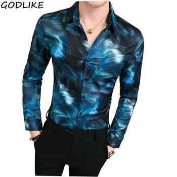 

Spring Long Sleeve Beautiful Print Men British Style Shirt Mens Fashion Casual Shirts Slim Fit Party Dress Shirt Camisa Homem