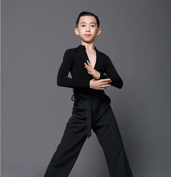 Ballroom Latin Dance Practice Clothes Boys Latin Dance Tops Black V-Neck Shirts Chacha Samba Tango top Costumes