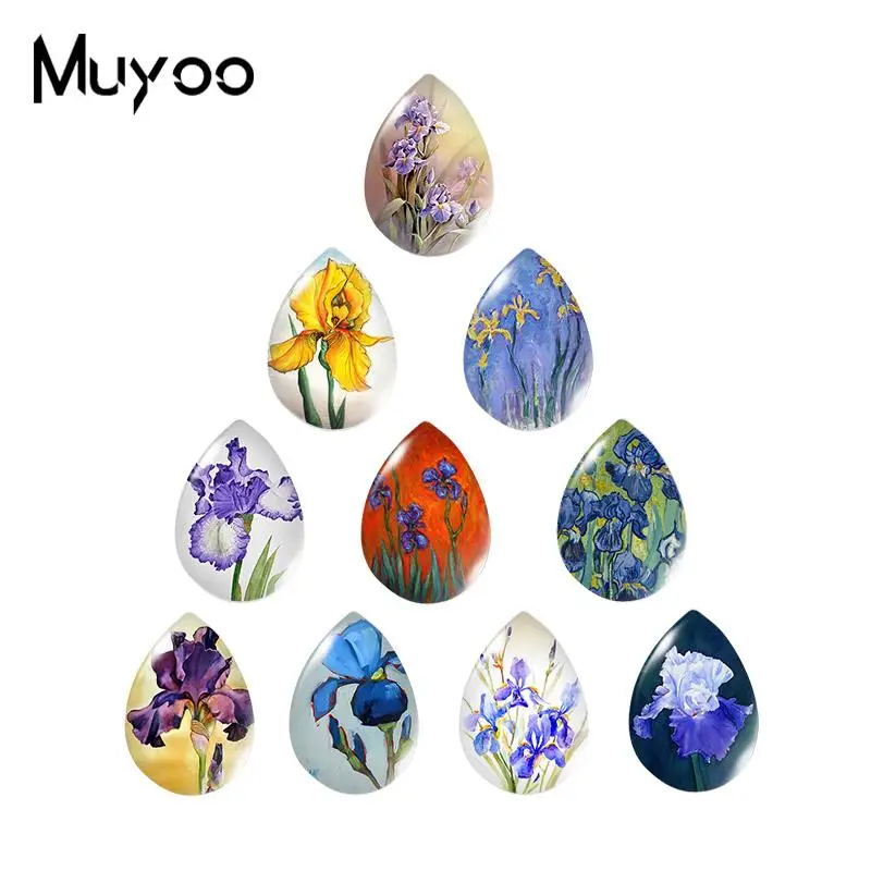 

2019 New Irises Paintings Tear Drop Cabochon Purple Flowers Glass Cabochons Handmade Art Plants Jewelry