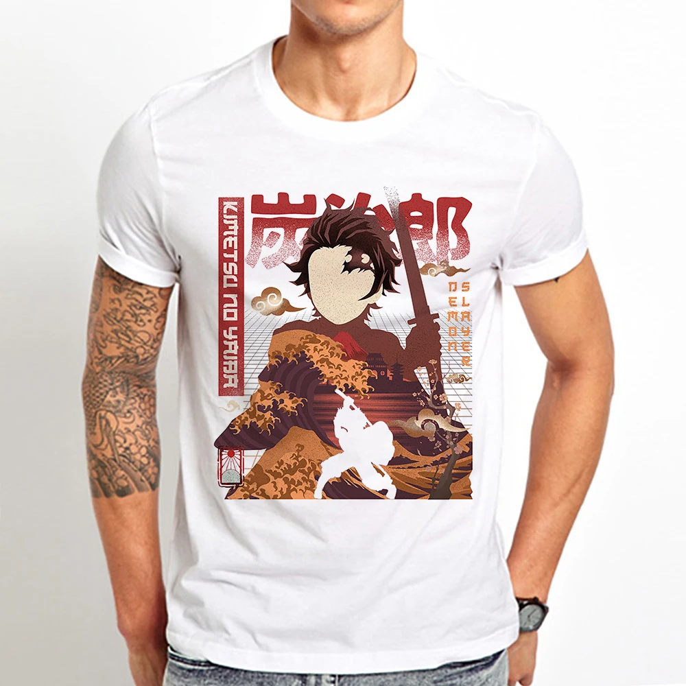 Футболка Kamado Tanjirou Agatsuma Zenitsu Hashibira Inosuke Shinobu Аниме Мужская белая Повседневная