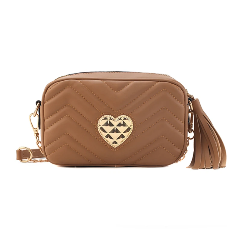 

European Style Women Chain Shoulder Crossbody Bags 2019 New Striped Heart Decoration Small Square Package Leather Tassel Handbag
