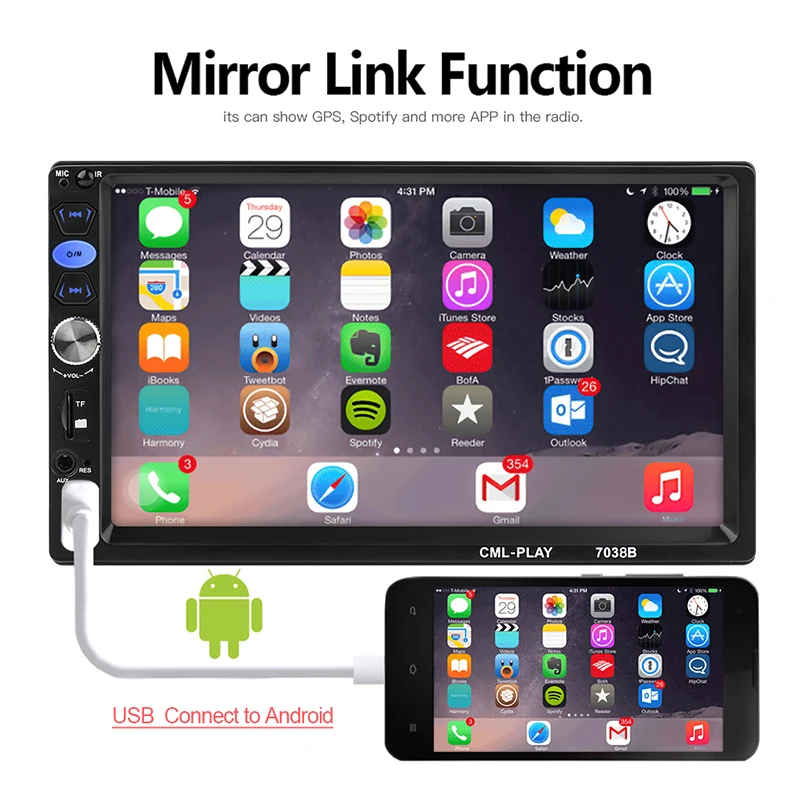 Double Din Car Stereo 7in Touch Screen Bluetooth Hands-Free Calling MP5/USB/FM Radio AUX Input