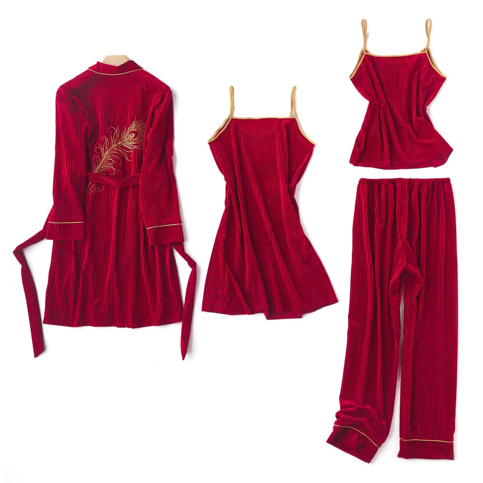 

Sunken Stripe Gold Velvet Four-piece Set Pajamas Women's Autumn And Winter Sexy U-Back Embroidered Long Sleeve Nightgown Nightgo