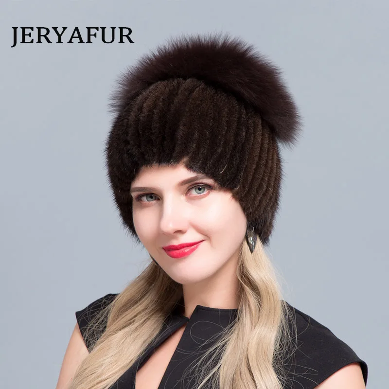 COLOR6 JINBAOSEN neue heiser verkauf эластичные pelz kappe Frauen pelzmutze für зимние echtem nerz skullies mit silber fuchs pelz pom poms - Цвет: COLOR6