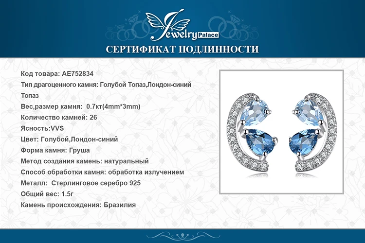 Jewelrypalace 0.8ct натуральной голубой топаз и Лондон Голубой топаз кластера Серьги-гвоздики 925 стерлингов Серебряные серьги для Для женщин