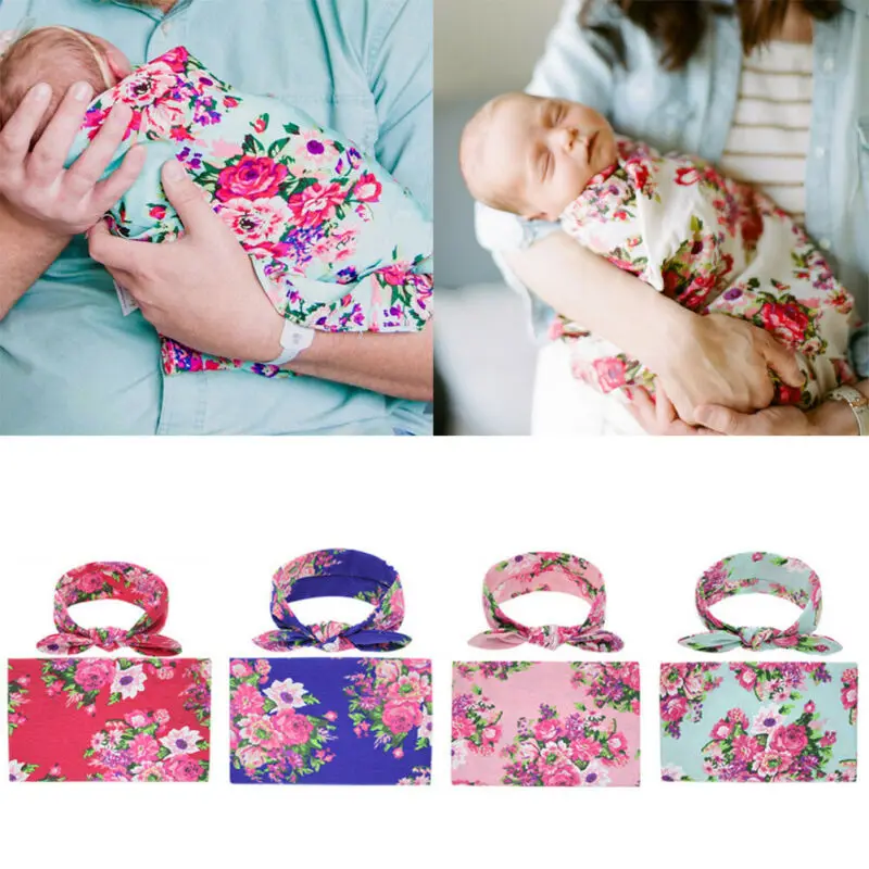 

2019 Baby Blanket Swaddling Clothing New Newborn Infant Baby Swaddle Blanket Sleeping Swaddle Muslin Wrap+Headband 2Pcs Set