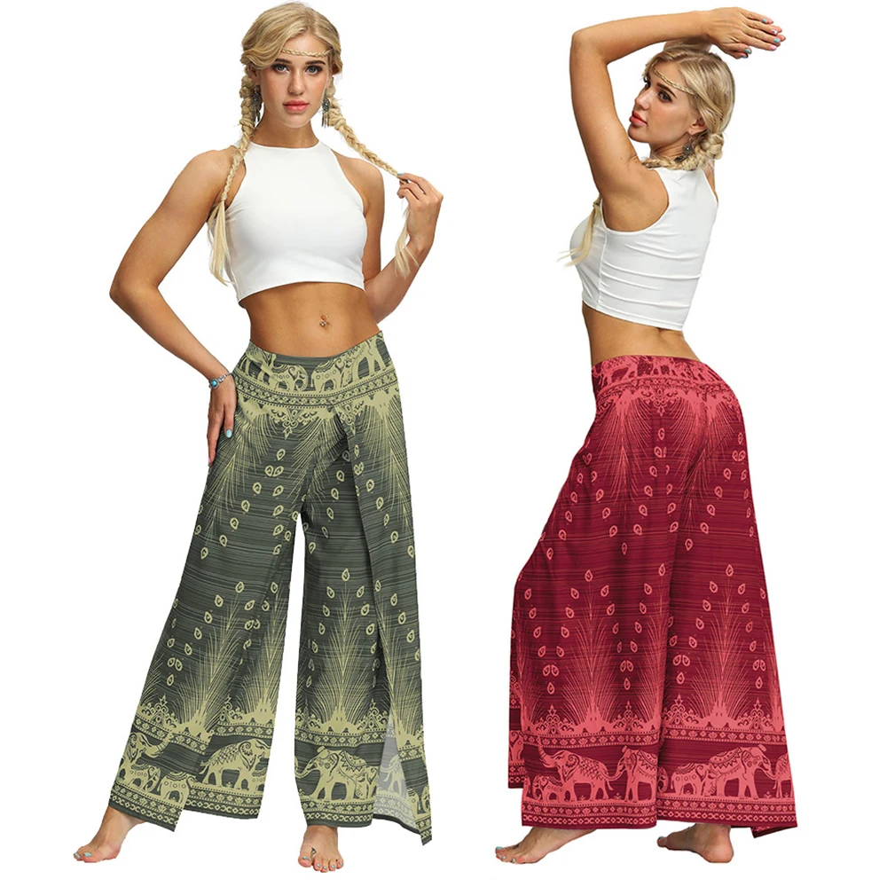 2021 New Women Harem Pants Slit Wide Leg Yoga Pants Palazzo Casual Boho Hippie trousers