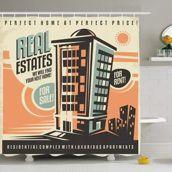 

Shower Curtain Set with Hooks 72x72 60S Real Abstract Estates Vintage Ad Comfort Design Label Construction Concept House