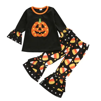 

Halloween Style Spring Autumn Children Girls Pumpkin Print Flare Sleeve O-neck T-shirts Tops+Bell-bottoms Pants Casual Outfits