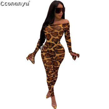 

Women Print Two Piece Set Sheer Mesh Women Sexy Off Shoulder Flare Sleeve Top And Print Pant Skinny Set