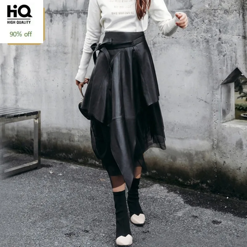 

2020 New Design Genuine Leather Skirt Female Autumn Winter Women Over The Knee Belt Skirt High Waist Mesh Irregular Skirts S-4XL
