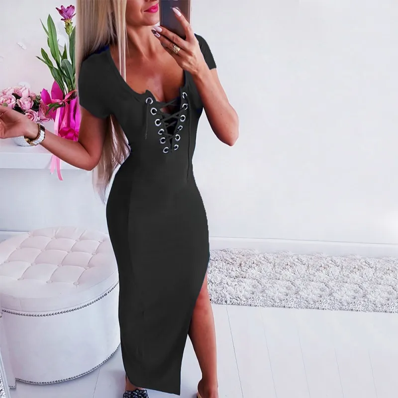 Women Dress Spring Summer Short Sleeve Dress V-Neck Sexy Split Straps Waist Pocket Bag Hip Dresses