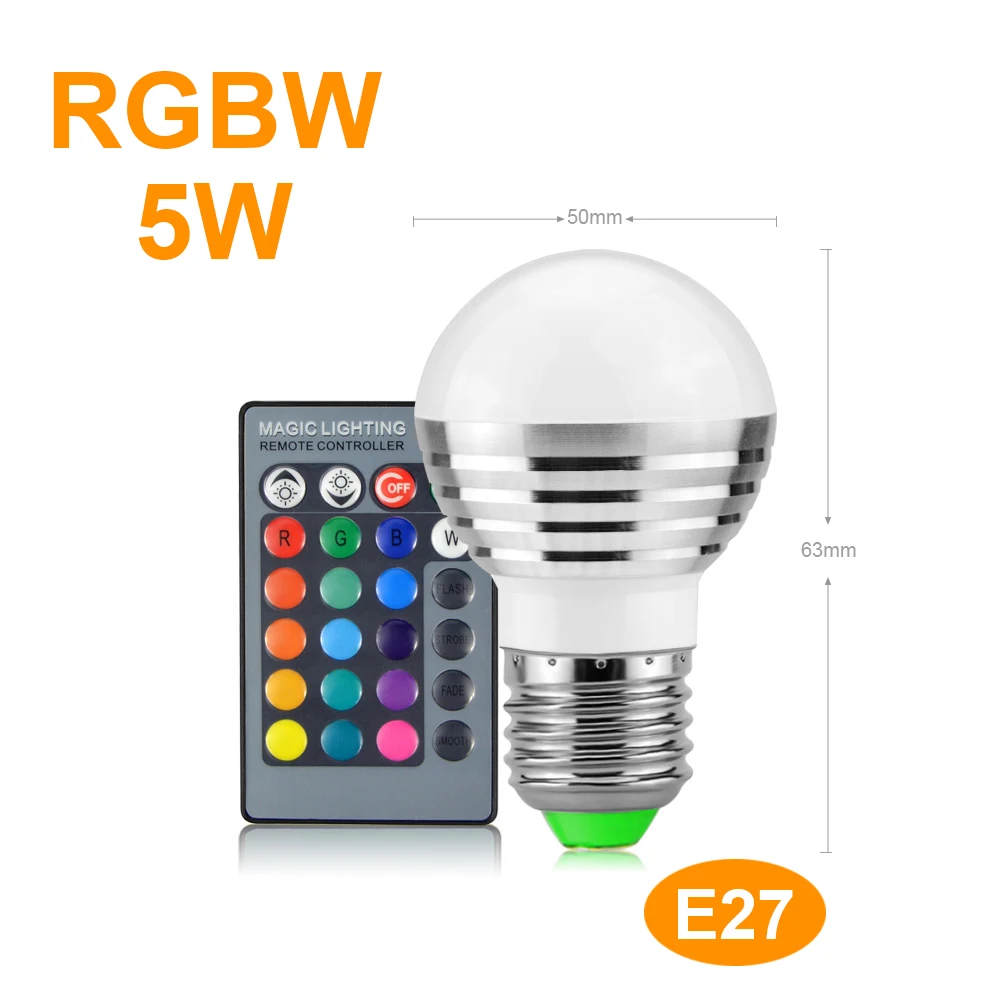 Bombilla LED que cambia de color con control remoto, 10 W E26 RGB + luz  blanca diurna 5700 K, bombillas LED regulables con función de memoria