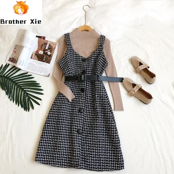 

2020 New Vintage V-neck Woolen Plaid Mid Length Belt Dress+ Long Sleeve Knitting Bottomed Sweater Suit Womens Two Piece Sets