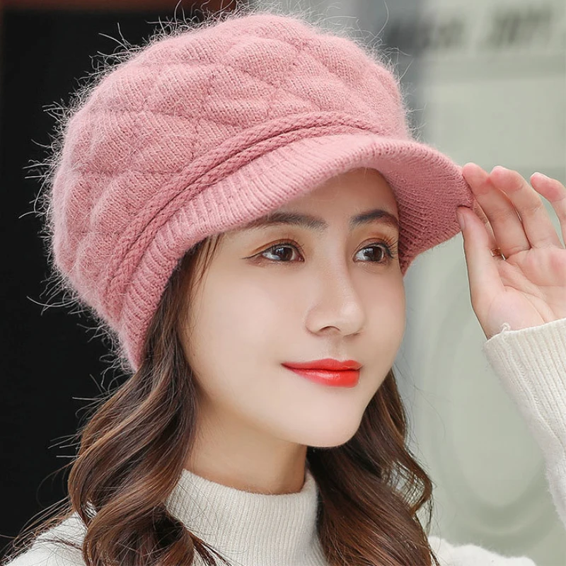 

HT2692 Women Berets High Quality Rabbit Fur Hat Thick Warm Winter Hats for Women Solid Knitted Hat Ladies Newsboy Cap Beret Hat