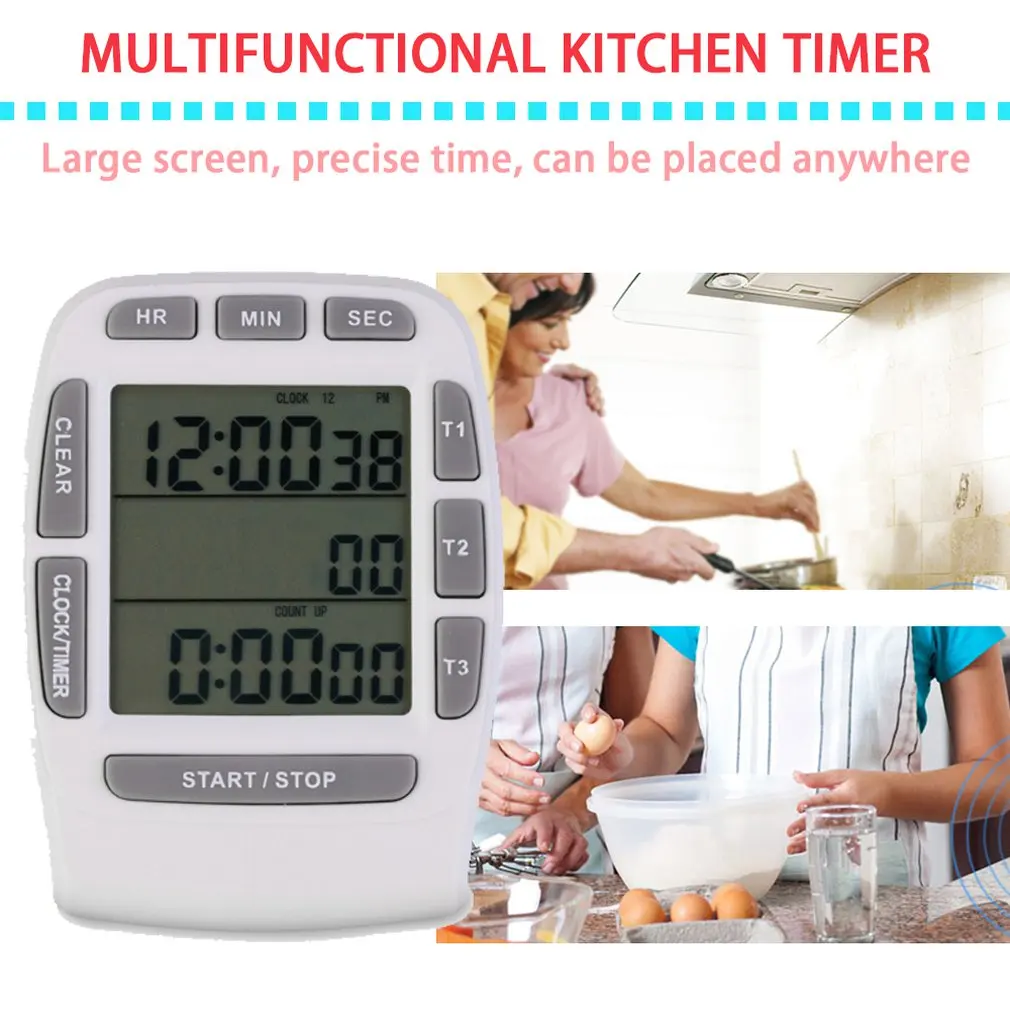 Hot 1 Pcs Triple Timer Clock kitchen Cooking 3 Line Alarm LCD Digital