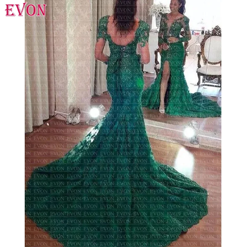 Блестящие кружевные платья Русалка для выпускного вечера Vestidos de fiesta largos elegantes de gala сексуальные длинные рукава с боковыми разрезами вечернее платье