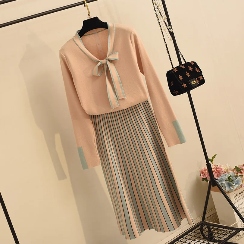 

TYHRU Autumn Women's Solid Color Bow Collar Long Sleeve Loose Top + Striped Contrast Skirt Two-Piece Set