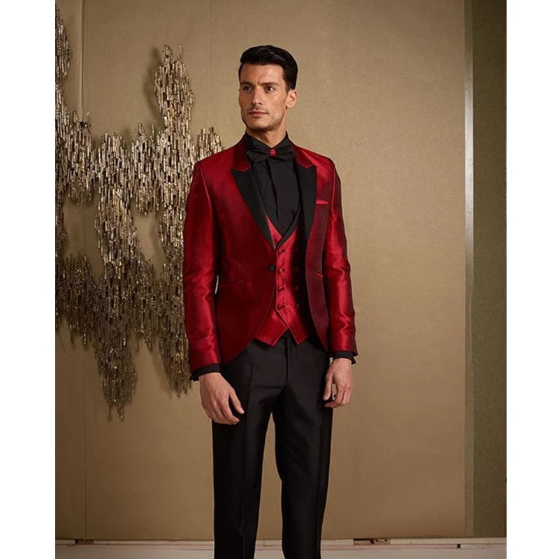 

Custom Made Burgundy Satin Men Suit Slim Fit 3 Piece Groom Tuxedo Custom Style Wedding Suits Prom Blazer (Jacket+Pants+Vest)