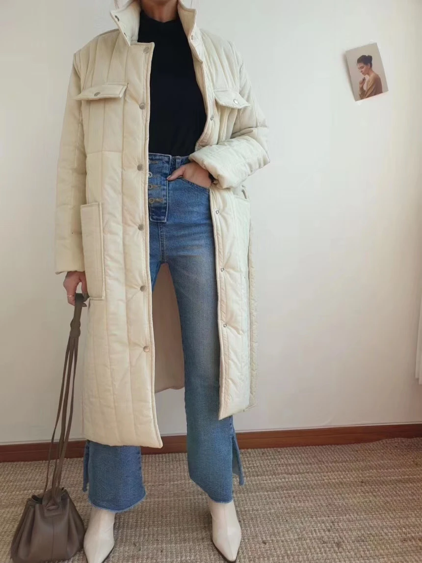 Стеганая Женская куртка белая стоячий воротник Длинная куртка корейский стиль однобортное длинное теплое пальто с поясом уличная одежда