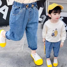 Рубашка для девочек осенняя одежда новые стильные свободные детские джинсы в Корейском стиле весенне-осенние штаны с редиской для маленьких девочек