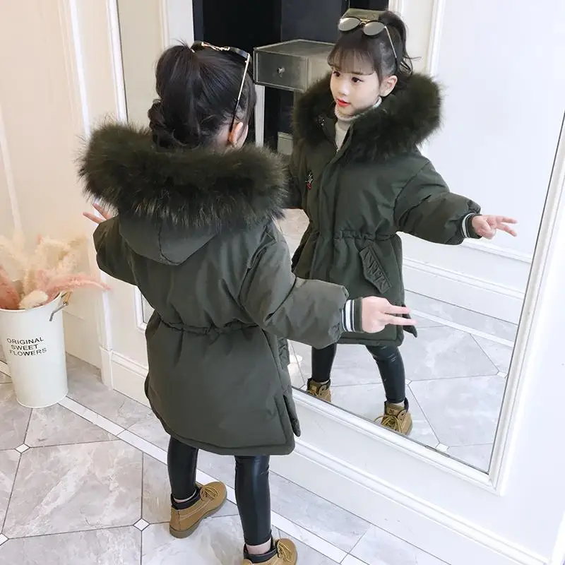 Girls Warm Cotton Padded Jacket Korean Jacket Little/toddler Girls Winter Coat Children's Thickened Fur Hoode Outwear 9 10 - Цвет: Зеленый