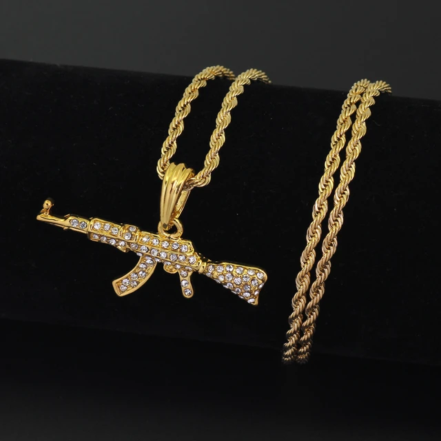 Men Women Hip Hop AK47 Gun Pendant Necklace with 13mm Cuban Chain HipH