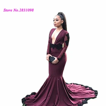 

Robe de Soiree Longue Sexy V Neck Long Sleeve Lace Evening Dresses Backless Applique Open Back Purple Black Prom Dress Mermaid