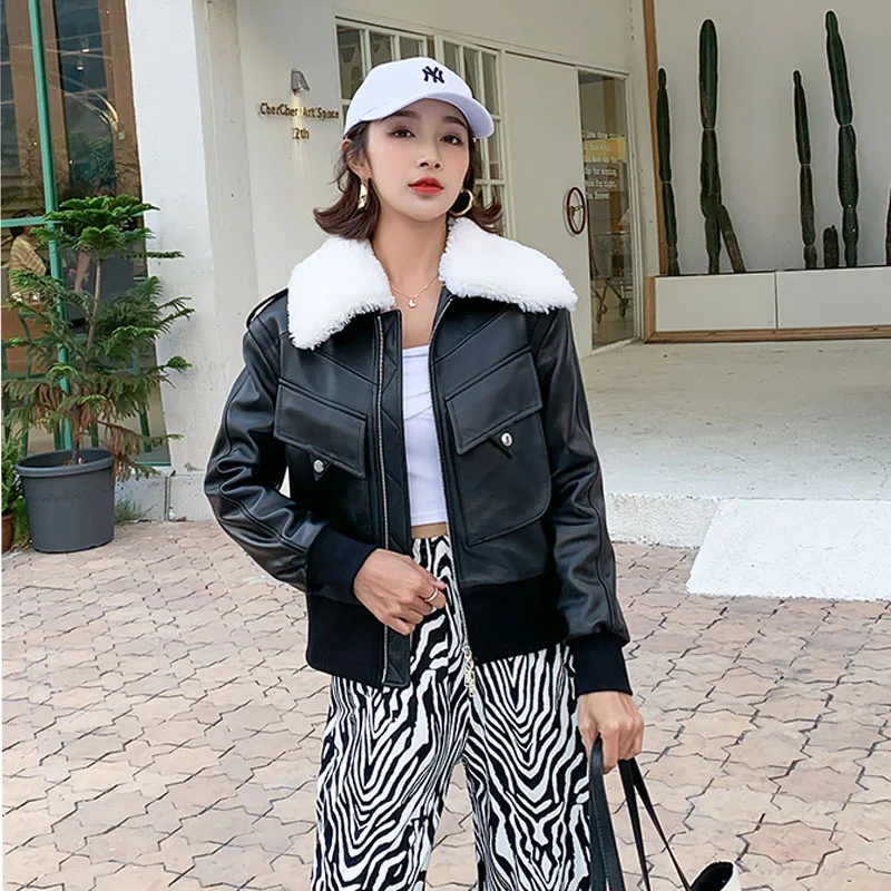 

High Quality 2023 New Brand Women Coat Winter Genuine Leather Jacket With Natural Real Sheep Fur Collar Short Clothes