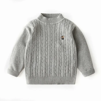 

Infant Kids Baby Girls Boys Sweaters Autumn Winter Warm Clothes Long Sleeves Knitted Embroidery Cotton Round Neck Top Gray