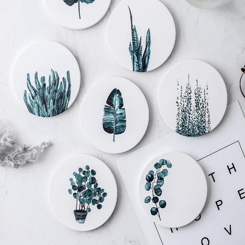 Green Plant Ceramic Coaster Coffee Tea Cup Pad Round Square Dring Coasters With Non-Slip Woodern Mat Placemats 1pc | Дом и сад