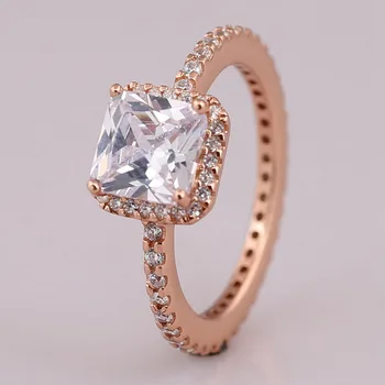 

New Authentic 925 Sterling Silver Rings Elegant Rosegold Pave Crystal Square Ring For Women Original European DIY Fine Jewelry