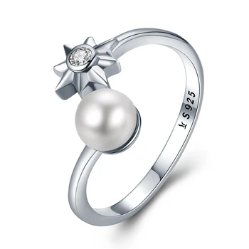

VOROCO Pure 925 Sterling Silver Star Natural Freshwater Pearls Elegant Open Free Size Rings Women Wedding Fine Jewelry VSR099